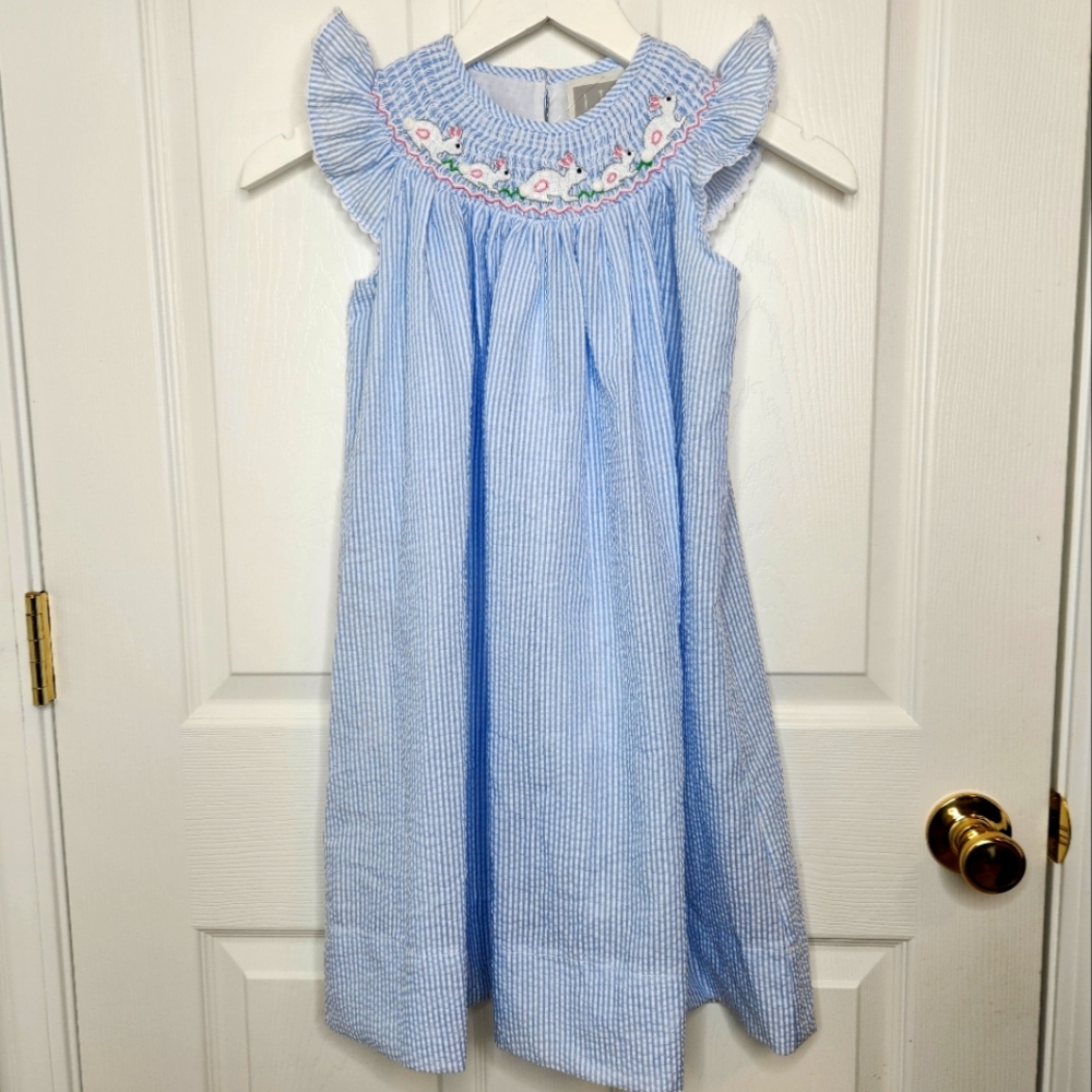 Kids Lil Cactus Blue White Seersucker Dress Embroidered Rabbits